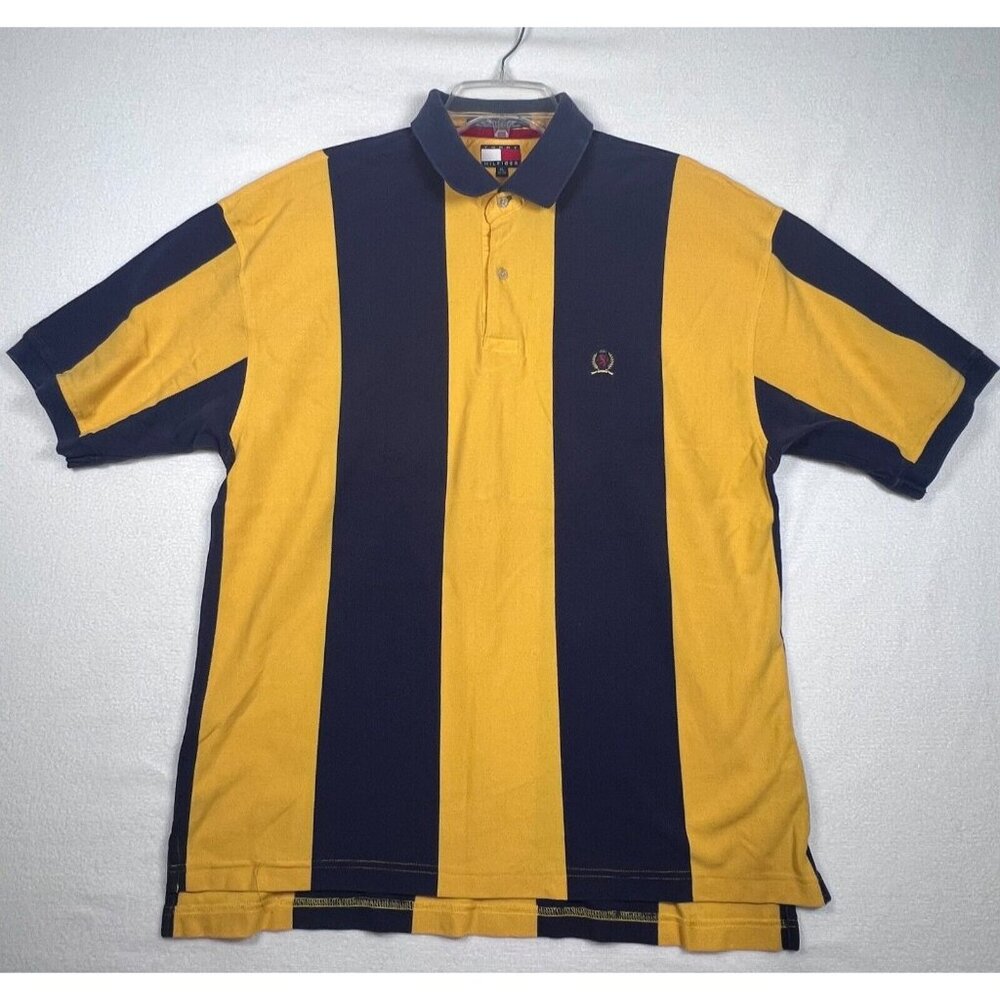 Tommy‎ Hilfiger Polo Shirt Mens XL Yellow Blue Stripe Crest Logo Short Sleeve